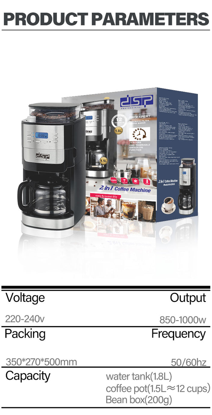 DSP New 2 in 1 Coffee Machine Coffee Bean Grinder 12 Cups Commercial Fully Automatic American Drip Coffee Maker 24 Hour Scheduled